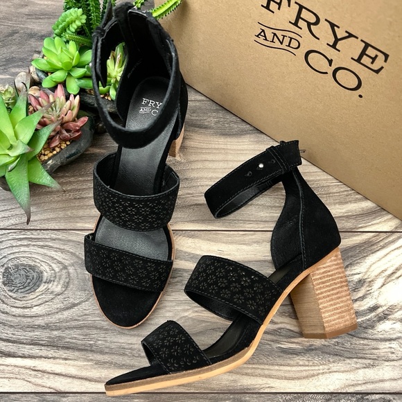 NIB Frye & Co. Bryn Ankle Strap Black Perforated Leather City Sandal Heels 8M - Picture 2 of 12